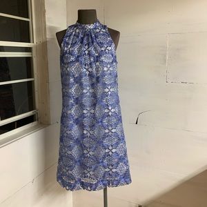 Erin size 4 blue lace over white knee length dress